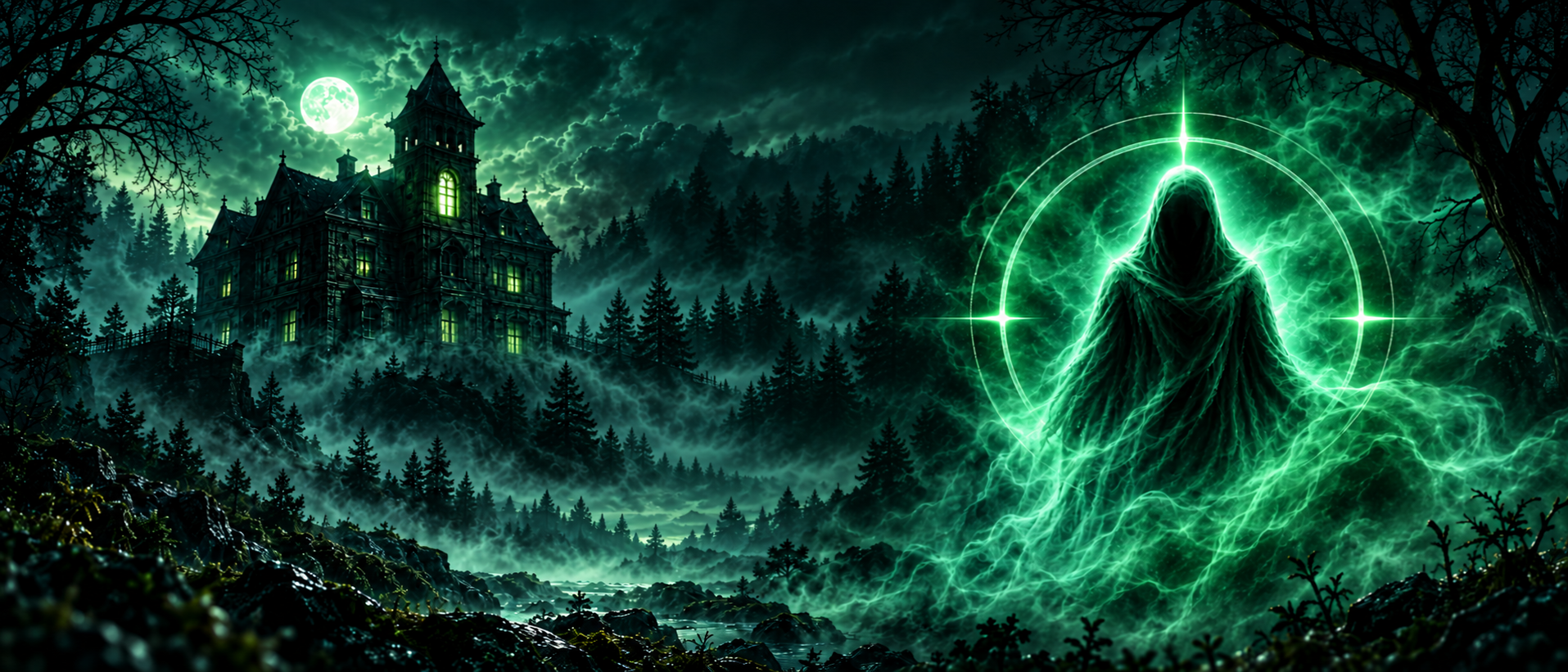 A moonlit mansion and an emerald spectral figure in a misty forest