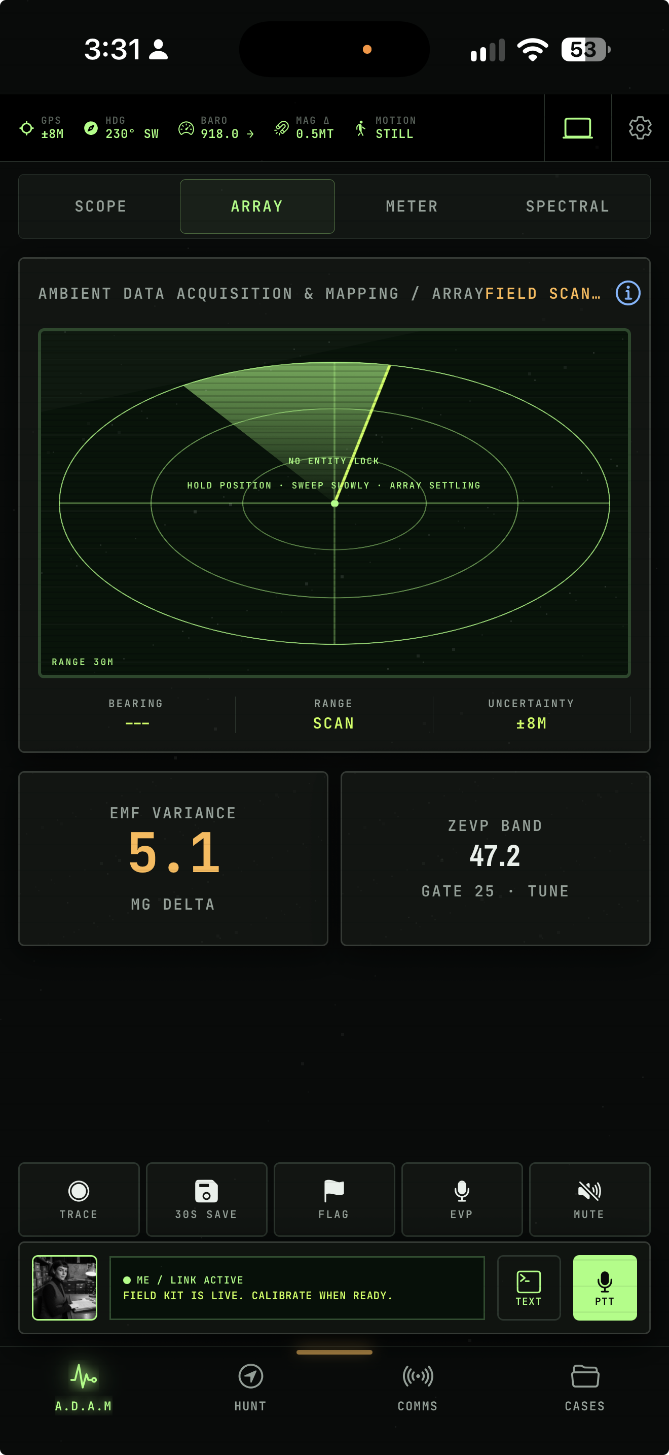 A.D.A.M. Array spatial sweep showing bearing, range, uncertainty, and separate field measurements