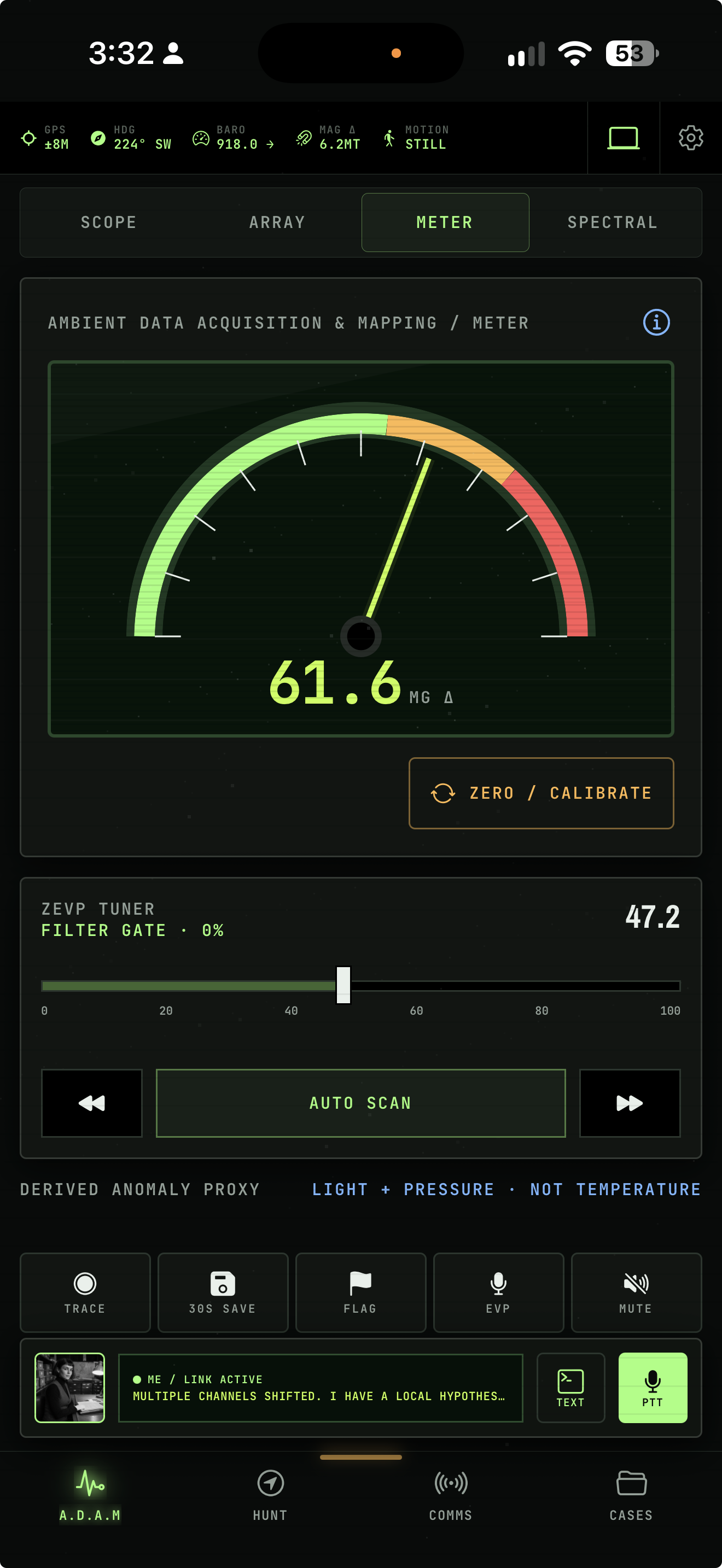 A.D.A.M. Meter showing a magnetic-field delta and calibration controls