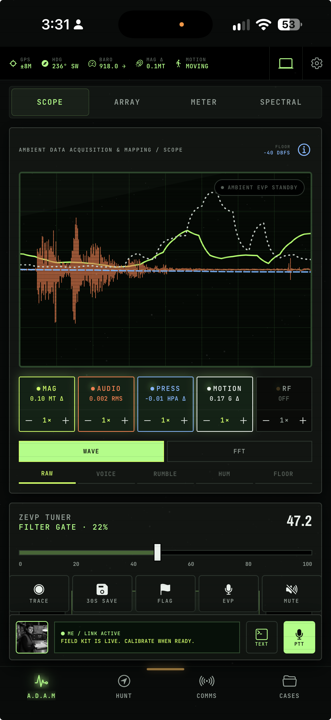 A.D.A.M. Scope displaying separate magnetic, audio, pressure, and motion traces