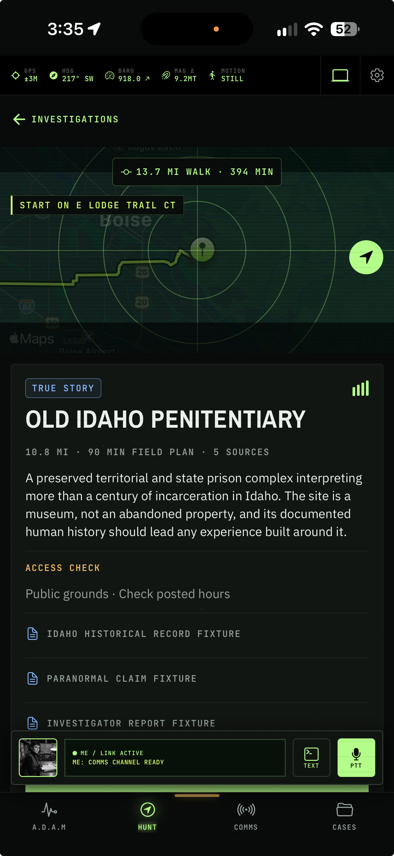 Ghost Hunter hunt discovery screen showing the Old Idaho Penitentiary map and historical overview